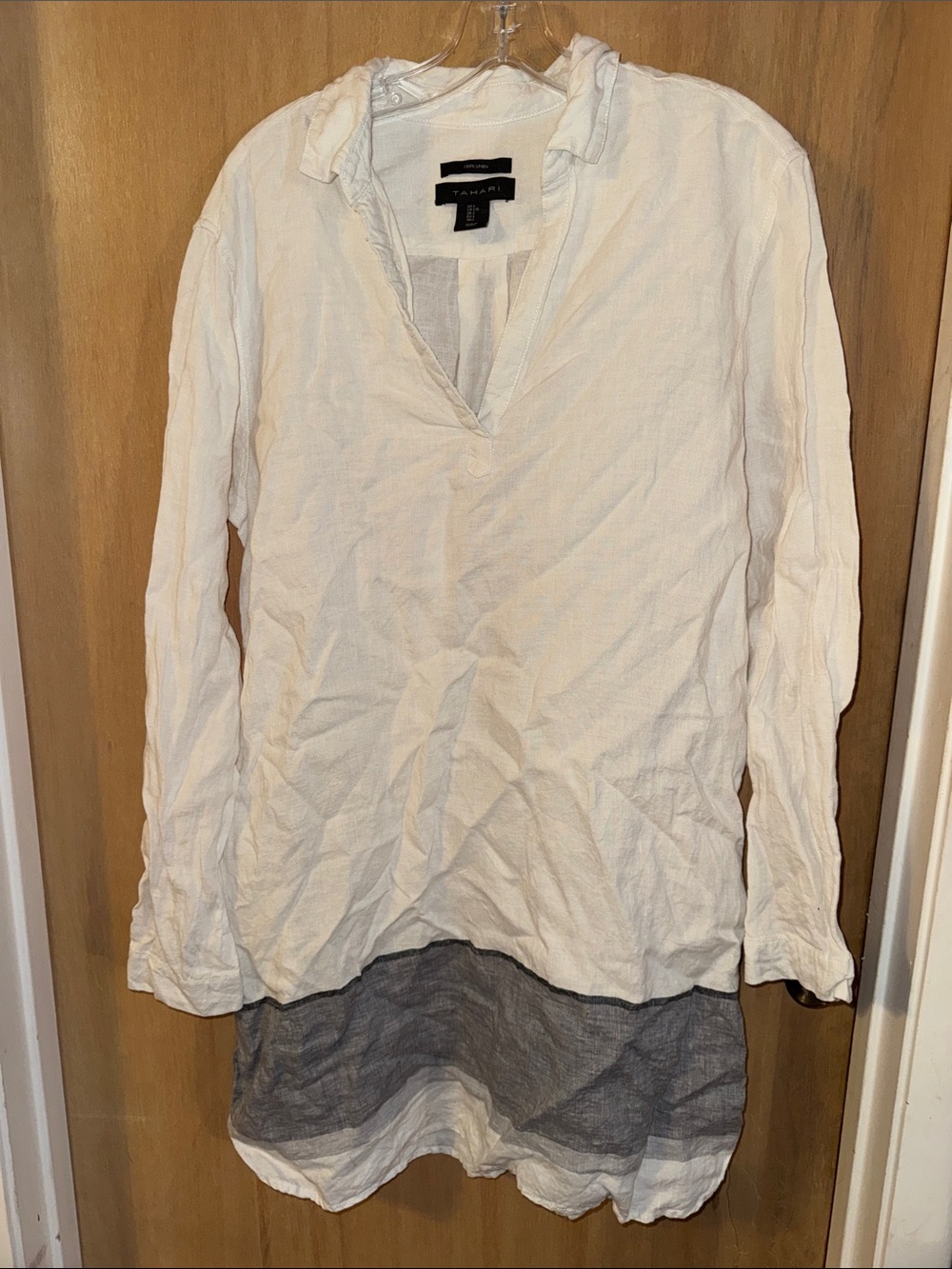 Tahari %100 Linen Long Sleeve Tunic Shirtdress with Gray Hem Panel Large